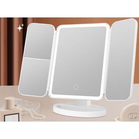 Miroir Maquillage Lumineux, 2X/3X Miroir Grossissant Lumineux, Miroir Pliable, Rotation à 180°, Alimentation USB, Interrupteur Tactile, Luminosité Réglable, Blanc
