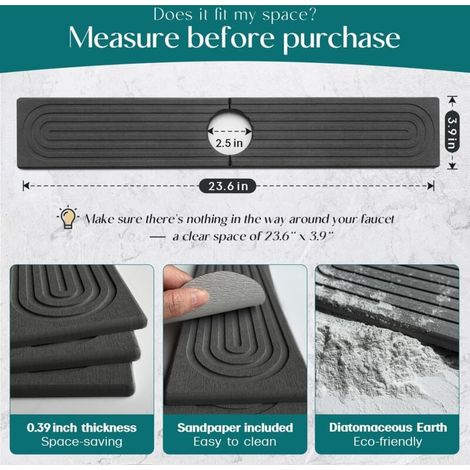 Protection anti-éclaboussures pour robinet d'évier de cuisine en diatomite, 61 cm, plateau d'évier de séchage en pierre soignée, moderne, tapis absorbant pour comptoir de cuisine (gris foncé, 60 x 10 (1/4)