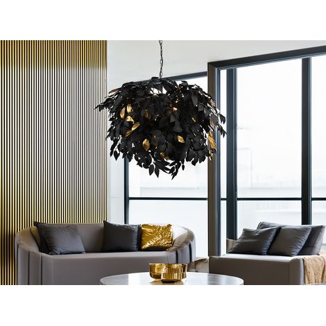 Große LED Pendelleuchte Blätter Lampenschirm Schwarz Gold, Ø 70cm (1/5)