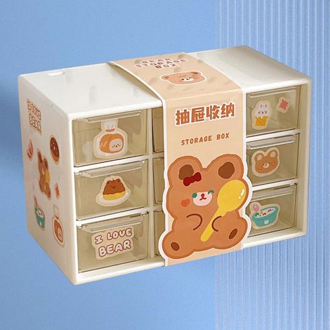 Organiseur de bureau à 9 tiroirs, boîte de rangement transparente, mini-boîte de rangement pour fournitures de bureau et bijoux, étui de rangement anti-poussière, tiroirs beiges avec autocollants ours (1/5)