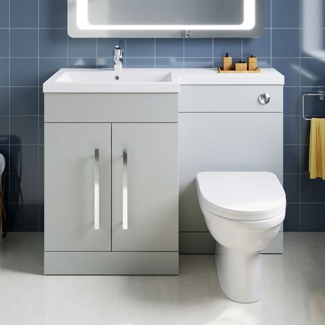 ELEGANT 1100mm L Shape Bathroom Vanity Sink Unit Furniture Storage,Right Hand Matte Grey Vanity unit + Basin + Ceramic D shaped Toilet with Concealed Cistern (1/5)