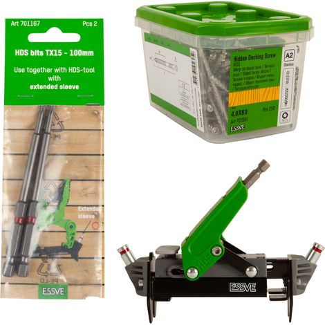 Tornillos para terrazas ESSVE HDS 4,8 x 60 mm x 250+ puntas TX 15 x 100 mm x 2+ herramienta (1/5)