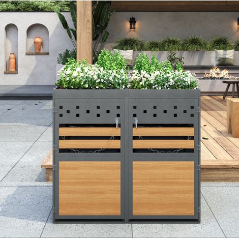 Caja para cubos de basura de 2 piezas, con techo para plantas, metal galvanizado, gris y natural (1/5)