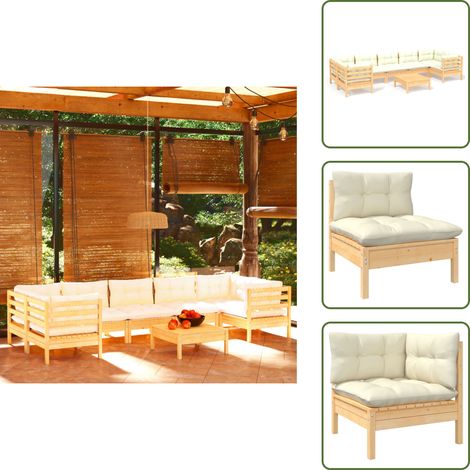 8-tlg. Garten-Lounge-Set mit Creme Kissen Kiefernholz - Gartensaison - Lounge Set - Gartenmöbel - Outdoor Möbel - Rattan Gartenmöbel (1/5)