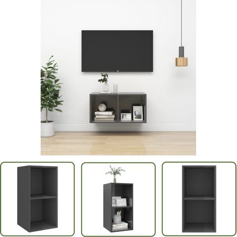 The Living Store TV-Wandschrank Hochglanz-Grau 37x37x72 cm Holzwerkstoff - Wandregal - TV-Stand - Fernsehschrank - Hängeschrank - Regal Grau (1/5)