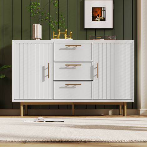 Commode blanche à 2 portes et 3 tiroirs, avec étagère réglable, pour salon et chambre, H75/B120/T40 cm (1/5)