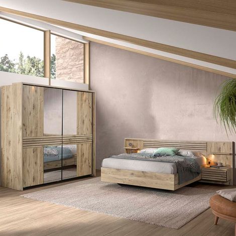 Chambre lit 180x200cm + tête de lit avec chevet et leds + armoire aspect bois et noir - NIKITA