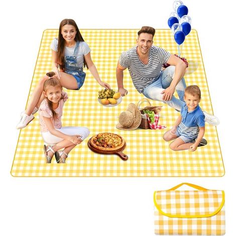 Coperta da picnic, coperta da picnic portatile, pieghevole, gialla e bianca, 150 x 200 cm (1/5)