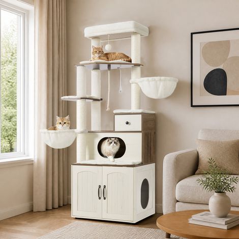 Arbre à Chat Bois avec Cache-Litière, 180 cm, Blanc et Marron Poteaux à Griffer, Tiroirs de Rangement, Grande Grotte, Coussin Moelleux Lavable, Plate-Forme de Repos, Paniers (1/5)