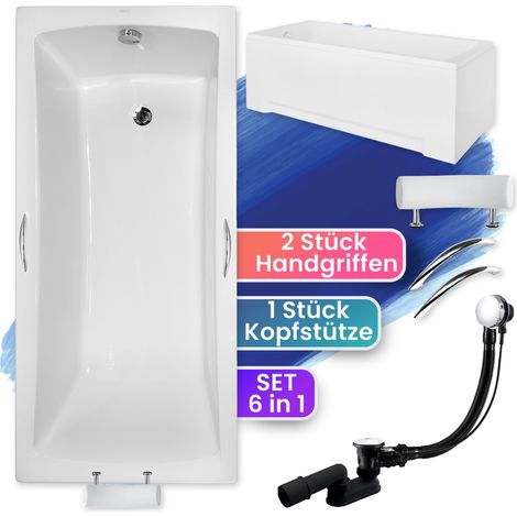 Badewanne Rechteck 160x70 mit AcrylSchürze + Handgriffen + Kopfstütze, Ablauf & Füße GRATIS - Komplettset 6in1 Acryl Wanne - BADLAND OPTIMA PREMIUM (1/5)