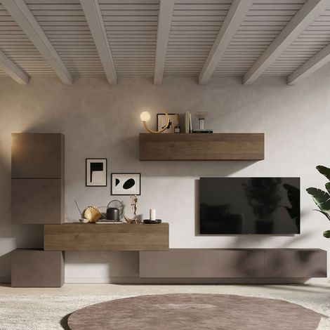Dmora - Parete attrezzata Sabetta, Composizione soggiorno, Mobile salotto multiuso, Armadio porta TV, Made in Italy, 340x30 h169 cm, Bronzo e Noce (1/4)