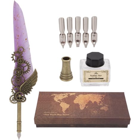 Quill Pen and Ink Set Writing Smoothly Vintage Style Carving Nib Natural Feather Wear Resistant Feather Pen and Ink SetLight Purple Feather (1/5)