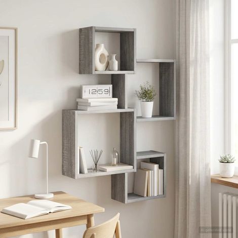 Étagère murale en cubes multifonctionnelle, bois d’ingénierie, Sonoma gris, 64 x 13,5 x 91,5 cm - PANGIVO (1/5)