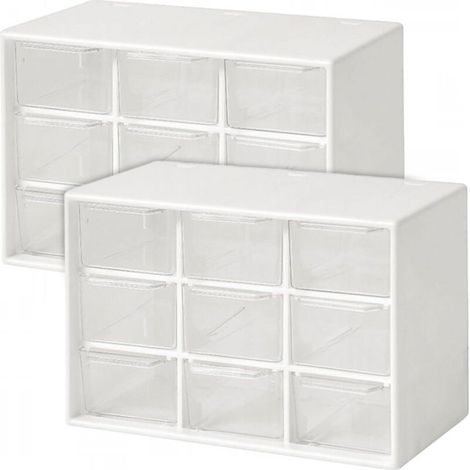 Lot de 2 boîtes de rangement transparentes en plastique avec 9 tiroirs et compartiments pour bijoux, cosmétiques et petites pièces. Boîte de rangement de bureau. (1/4)