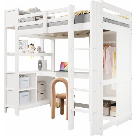Lit superposé 90x200 140x200 en métal, lit mezzanine structure robuste avec échelle & barrières, design gain de place pour chambre, moderne - blanc