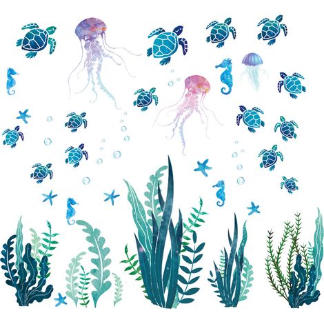 BEBUSINGOTO Juego de pegatinas de pared 3D de algas submarinas, tortugas marinas, medusas, pasto oceánico, extraíbles para dormitorio y baño. (1/5)