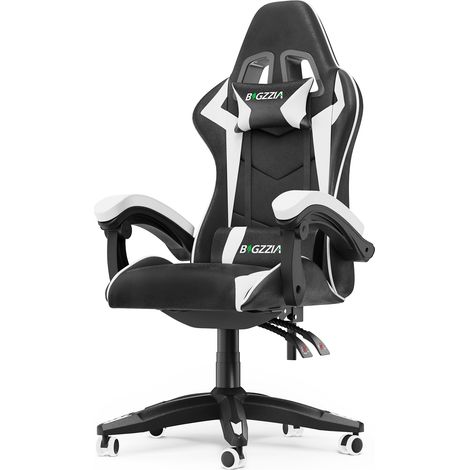 Xhomrattan – Chaise gaming ergonomique inclinable 90°-155° – Cuir PU, appui-tête et coussin lombaire amovibles – Charge max 110 kg – Roulettes 360° - Blanc (1/5)