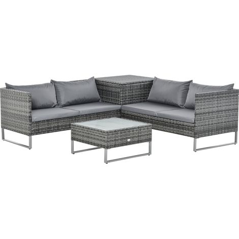 Set da Giardino 2 Divani 2 Posti Tavolino da Caffè e Tavolino Alto in Acciaio e Rattan Grigio Sfumato (1/5)