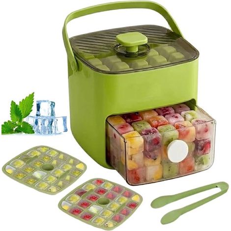Bac à glaçons avec couvercle et bac de rangement, capacité 48 glaçons, libération par bouton, sans BPA, avec pince à glace, compact, vert (1/5)