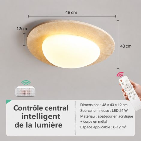 Plafonnier LED travertin jaune bois wabi-sabi taille moyenne 48 cm contrôle intelligent, IRC 80-90, 3 kg – Livraison gratuite