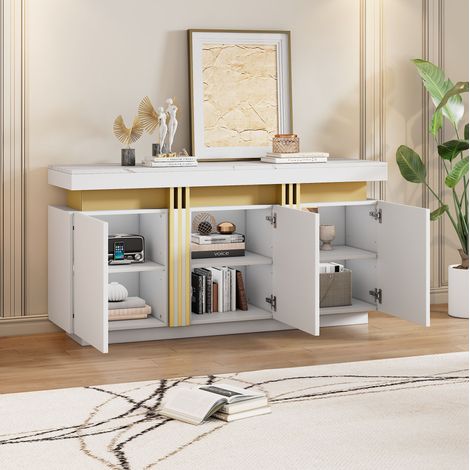 Credenza 140x38x70 cm bianca in truciolato con effetto marmo, 3 ante e ripiani regolabili (1/5)