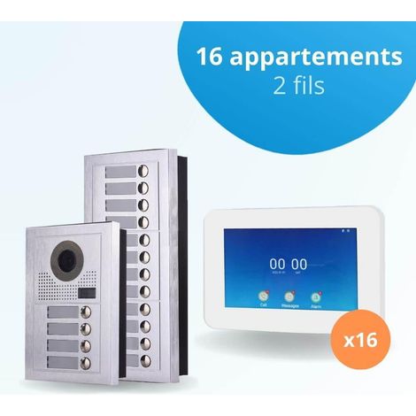 Portier interphone vidéo MODERN 2 Fils - 16 appartements - 16 écrans tactiles connectés 7" blanc (1/4)