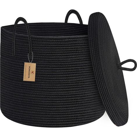 Grand panier noir de 45,7 x 35,6 cm avec couvercle, panier de rangement en corde de coton pour couverture, jouet, oreiller, serviette, salon, chambre à coucher, panier en osier tissé avec (1/5)