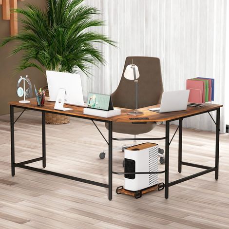 L-shaped computer desk with power socket & CPU stand & sturdy metal frame corner desk brown (1/5)