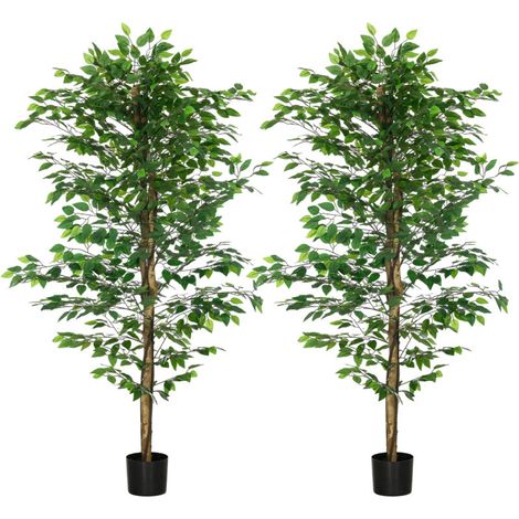 Lot de 2 plantes artificielles ficus hauteur 1,80 m tronc branches liane lichen feuilles grand réalisme pot inclus vert