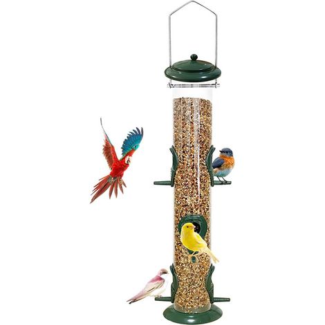 1 comedero para pájaros de metal con 6 puertos de alimentación, comedero para pájaros de tubo con gancho de acero, comedero para pájaros silvestres de plástico duro para colgar al aire libre,