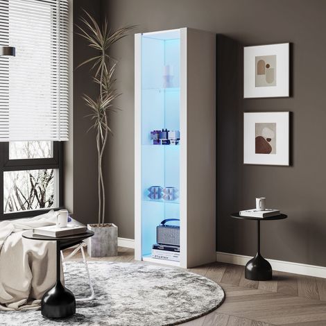 Vitrine blanche brillante avec éclairage LED, 3 étagères en verre, 5538166 cm, vitrines, vitrines sur pied, armoires hautes, meubles de rangement (1/5)