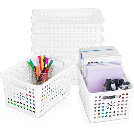 Lot de 6 boîtes de rangement en plastique avec poignée, paniers de rangement avec trou, panier de rangement ouvert pour la maison, la cuisine, le bureau, blanc, 27 x 18 x 14,5 cm (1/5)