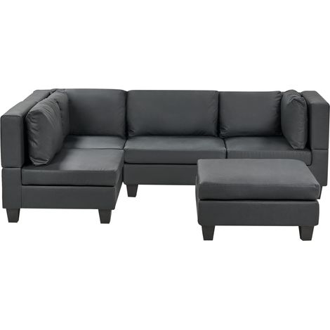 Sofá modular esquinero moderno 4 plazas tapizado piel sintética patas negras respaldo acolchado derecho con otomana negro Unstad