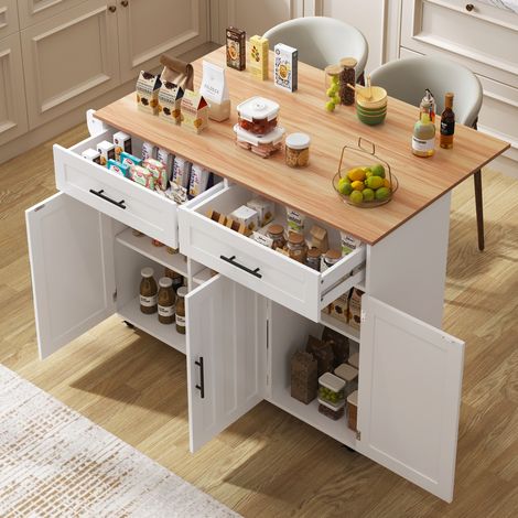 Isola centrale da cucina su ruote con vassoio ribaltabile, 2 cassetti, 3 vani portaoggetti e ripiani regolabili, bianco e naturale (1/5)