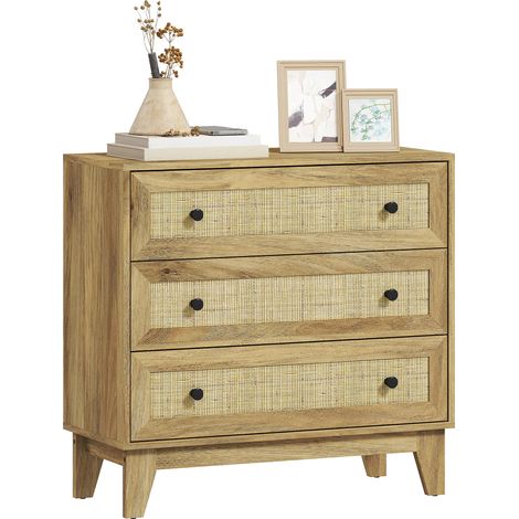 Comodo comò in legno Irovami a 3 cassetti con frontali effetto rattan per camera da letto, 80 x 35 x 76 cm, colore naturale.