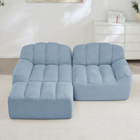 Canapé d'angle modulable 2 places bleu avec pouf, coussins profonds, livré monté