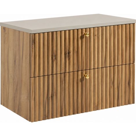 Mobile sottolavabo sospeso 80 cm, 2 cassetti, con piano, Rovere Craft Dorato / piano Cashmere, maniglie dorate, 80 x 44,4 x 58,6 cm (1/5)