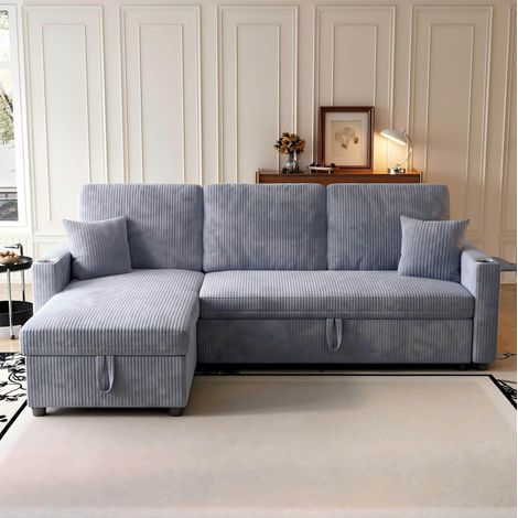 Divano angolare convertibile 207,5x142x84,5 cm in tessuto grigio con contenitore FloraGrace (1/5)