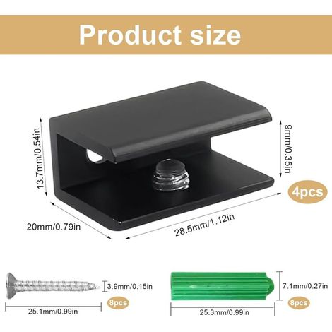 4-teiliges Set verstellbarer Glasklemmen, schwarze Glasklemmen aus Aluminiumlegierung mit vorgebohrten Löchern, für Glasstärken von 5-8 mm (1/4)