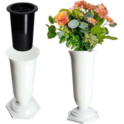 KADAX Grabvase aus Kunststoff, Blumenvase mit einlage, 13 cm, Weiß