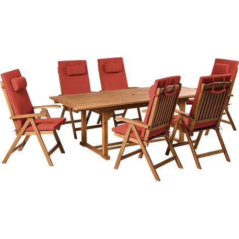 Set da pranzo da giardino a 6 posti in legno di acacia e sedie pieghevoli con cuscini rossa Java Premium