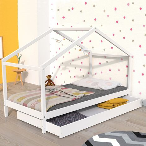 Hüttenbett KOALA 90x190 + 1 Lattenrost + Schublade / Weiß/ 199x95x150 (1/3)