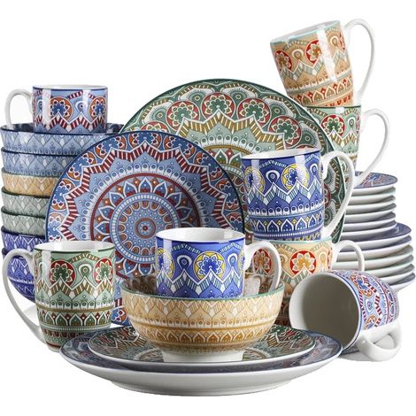 Ensemble de vaisselle en porcelaine, motif mandala bohémien, couleur turquoise (1/2)