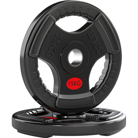 Disques de musculation olympiques, trou de 50 mm, 2 x 15 kg, avec anneau intérieur en acier, triple prise pour haltères et barres, noirs (1/5)