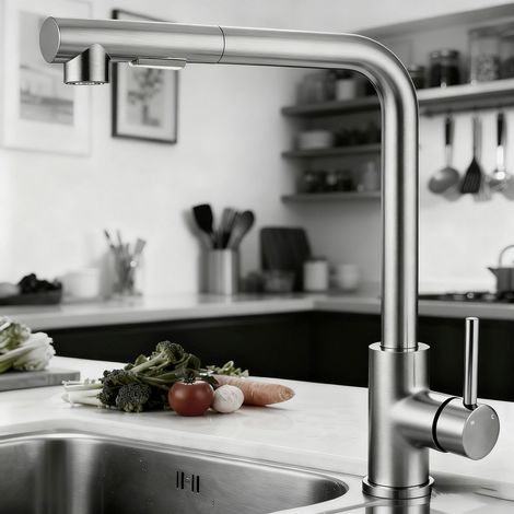 Ocean Sanitaire – Robinet de cuisine mitigeur 304 inox extractible 360° – Douchette extensible 40 cm – 2 jets au choix – Installation facile