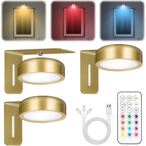 3 Pièces Eclairage Tableau Sans Fil, Eclairage Tableau LED Sans Fil Rechargeable, Lampe Magnétique avc Telecommande, 13 Couleurs RGB pour Vitrines (1/5)