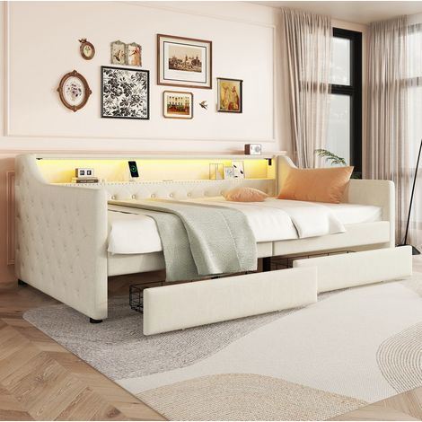 Letto 90x200 cm in lino e MDF beige con contenitore per camera da letto - FLORAGRACE (1/5)