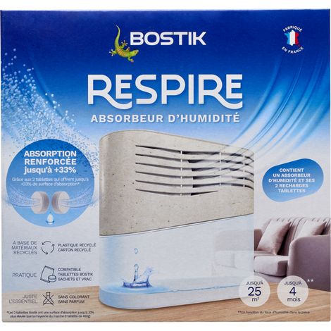 Bostik RESPIRE Déshumidificateur d’Air Anti Condensation, Absorbeur d’Humidité, pour des Pièces Jusqu’à 25m², Inclus 2 Recharges Tablettes Sans Colorant ni Parfum de 250g (1/5)