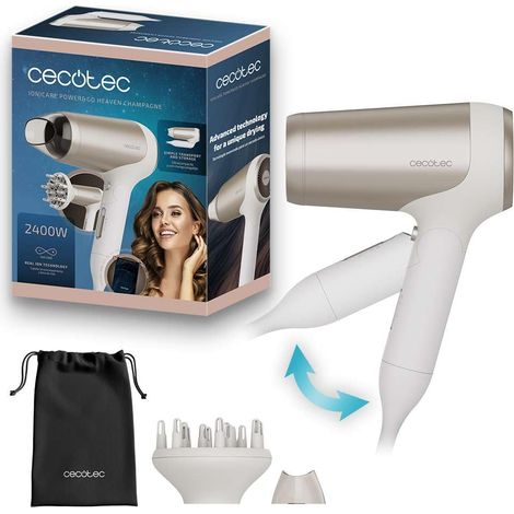 Asciugacapelli DC pieghevole con tecnologia a ioni e pro style, che include bocchetta di precisione, diffusore e funzione aria fredda.