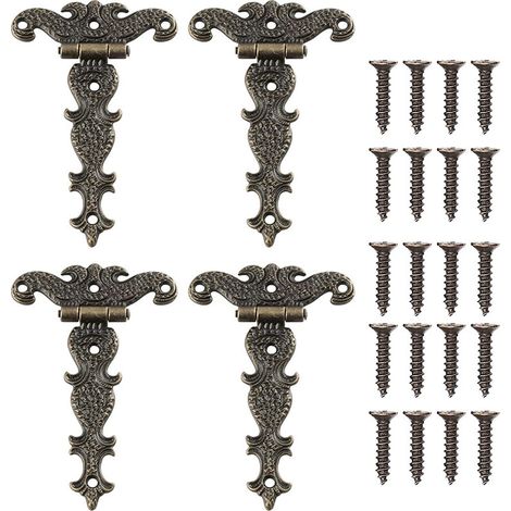 4 Pieces Furniture Hinges Vintage Hinges Engraved Bronze T-Shaped for Cabinet Drawer Wooden Box with Screws